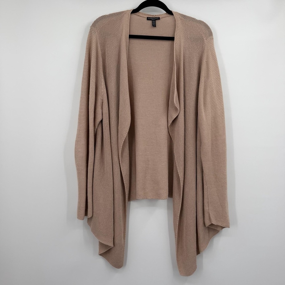 Eileen Fisher Cardigan Womens 2X Beige Open-Knit Organic Linen Blend Timeless